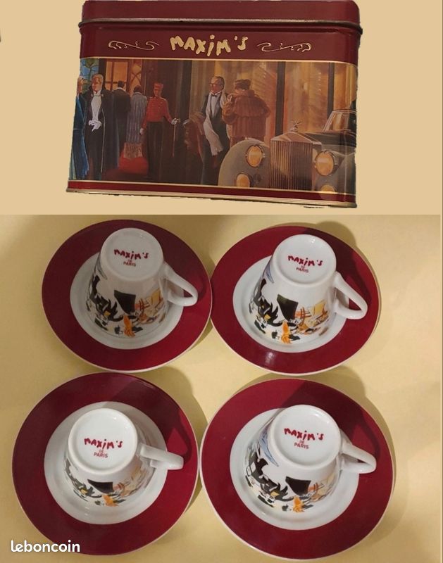 MAXIM'S PARIS | 4 tasses à café avec soucoupes en porcelaine décorée scènes du célèbre restaurant parisien MAXIM'S de Paris |Made in France - France