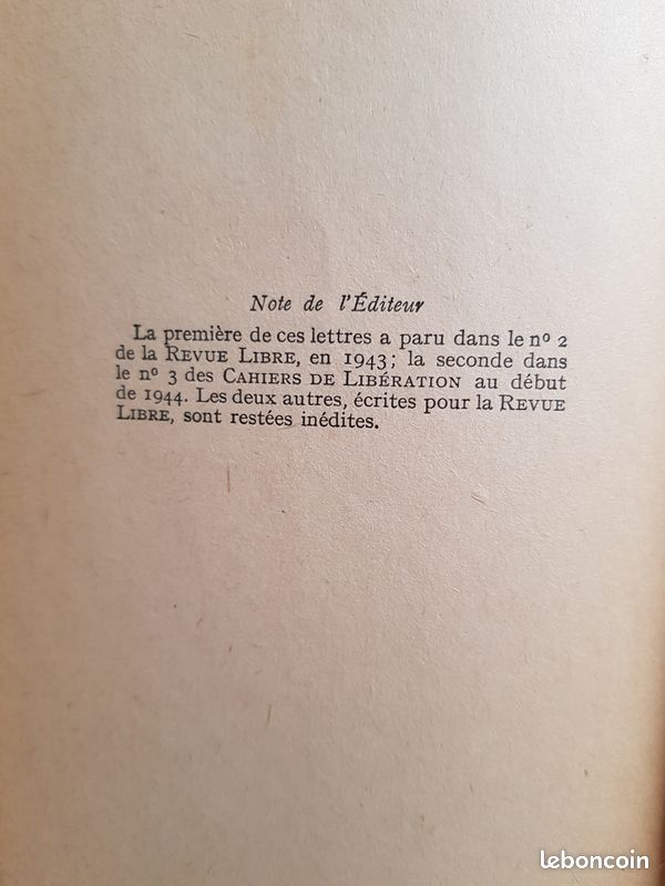 Lettres à Un Ami Allemand – Albert Camus – Édition 1948 – Livre D'époque