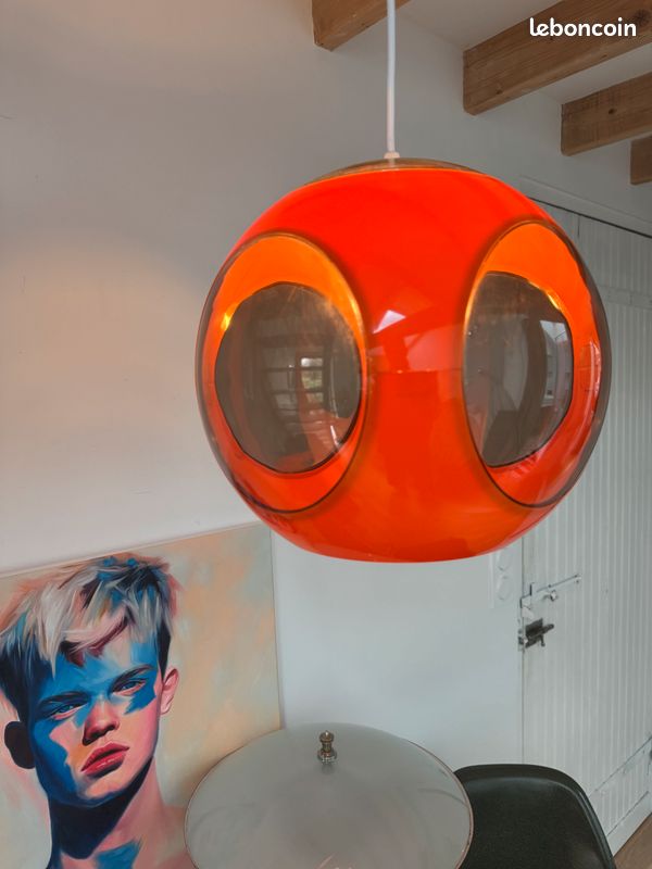 Lustre vintage 70's en metal orange, design italien