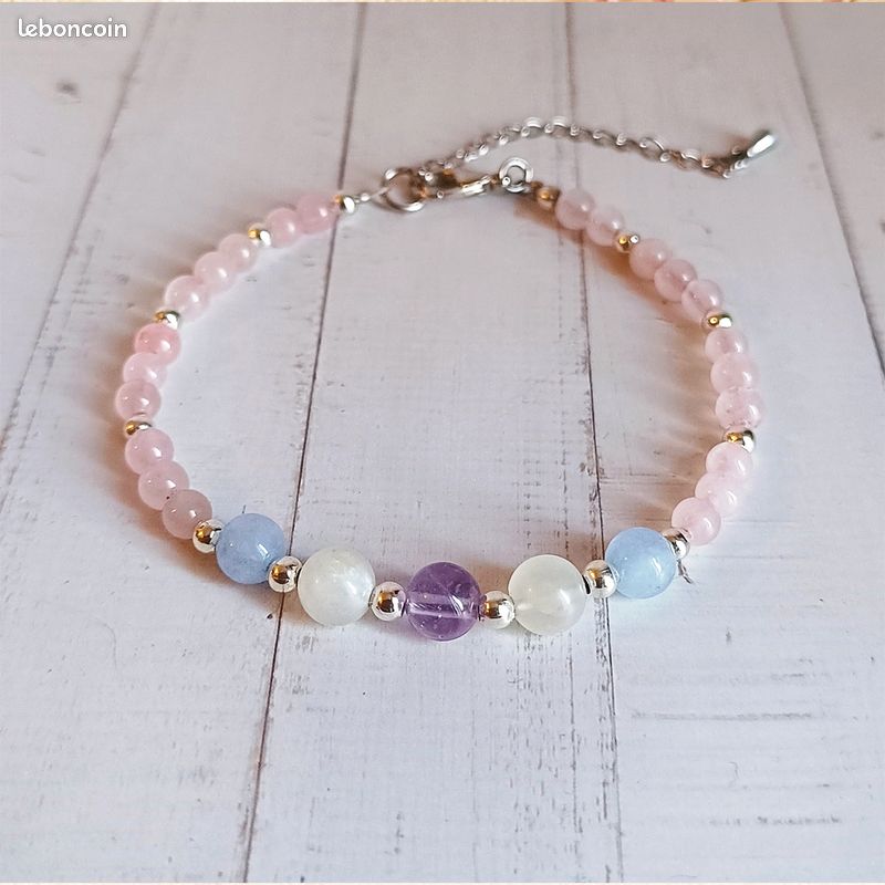 Bracelet Harmonie Féminine, amour de soi, pierre de lune, quartz rose, améthyste, aigue-marine, bijou d'équilibre (image 2)