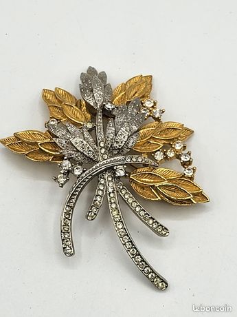 Broche fleur cabochon orange vintage doré et strass - France