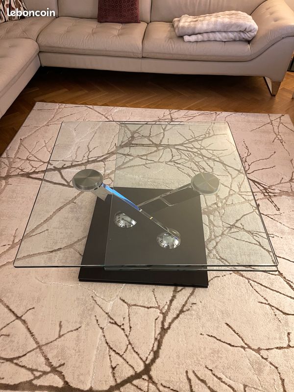 Table Salle à Manger Laroche Bobois - Plateau Verre - Piètement Acier Noir - Avec Rallonges