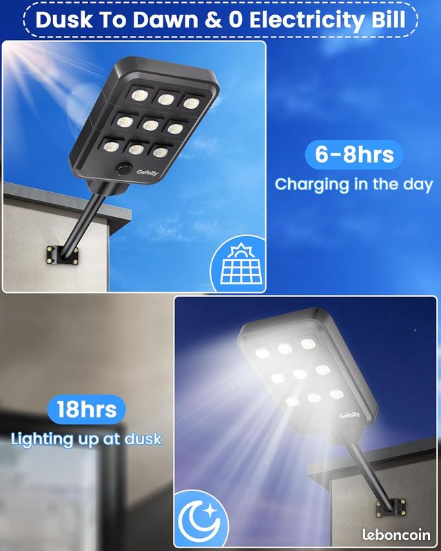 Lampadaire Solaire Exterieur, lumière solaire extérieure Crépuscule à l'Aube IP68 éclairage 6500K inondé LED étanche Projecteur Solaire Puissant pour Rue, Garage, Parking 9T - NEUF (image 5)