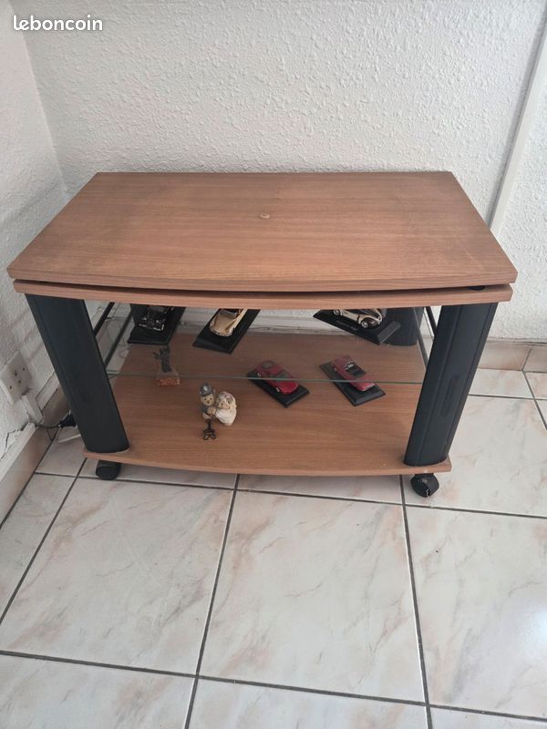 Meuble tv hêtre plateau tournant et étagère en verre (image 2)