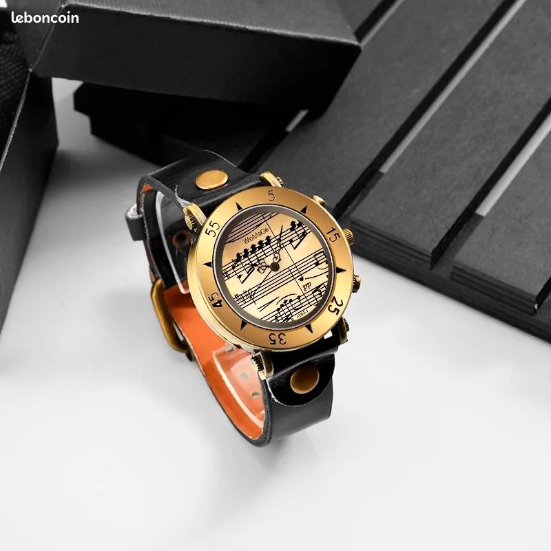 Montre femme Vintage rétro, bracelet en cuir de vache noir