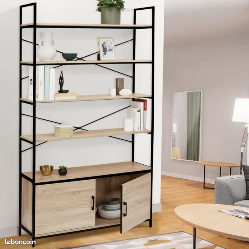 Étagère Bibliothèque XL 5 Niveaux avec Placard – Design Industriel Bois et Métal Noir – Hauteur 170 cm (image 5)