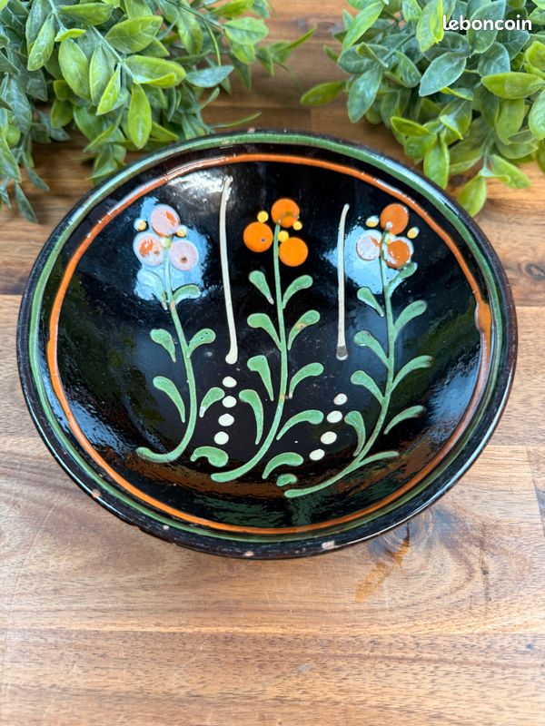 Ancien Bol en Poterie Vernissée – Décor Floral – Terre Cuite (image 2)