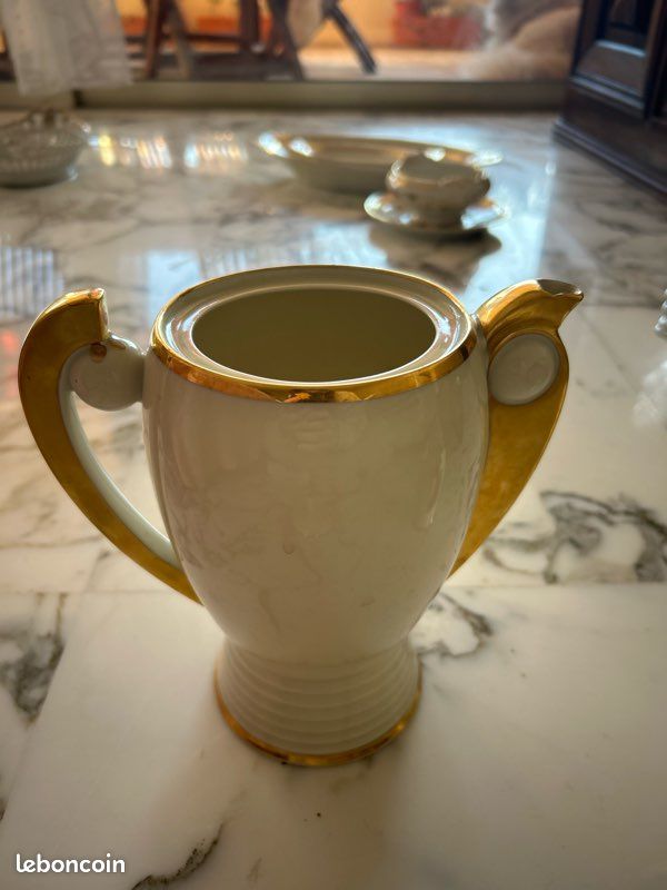 Service Thé/Café Art Déco Porcelaine de Limoges - Verseuse et Crémier Dorés (image 3)