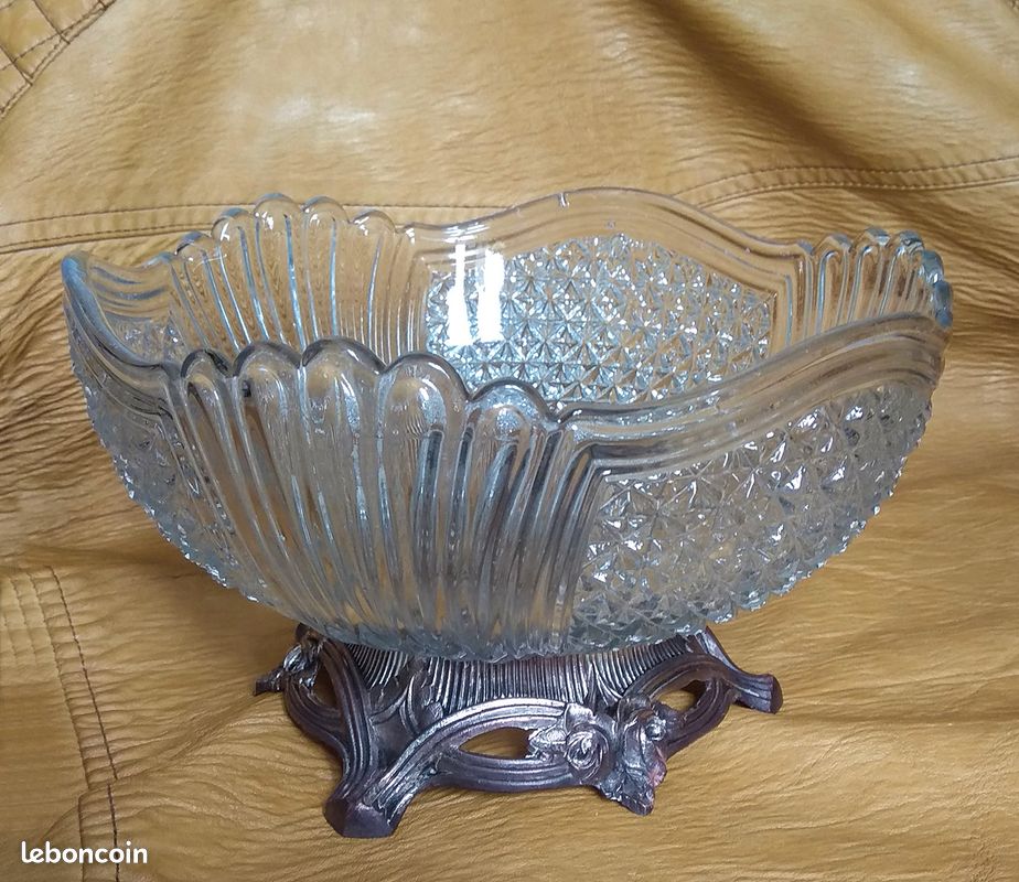 Coupe à Fruits En Cristal Val Saint Lambert - Diamètre 25,5 Cm, Couleur Vert, Vintage De Belgique