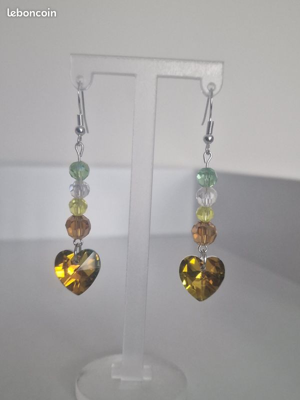 Boucles D'oreilles Perles De Cristal Tissées Jaune - Fait Main, Longueur 5,5 Cm