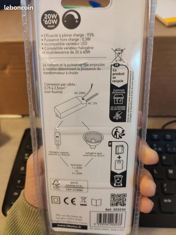 Transformateur électronique AC 220V à AC 12V 20-60W Convertisseur de