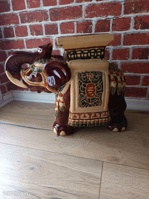 Grand éléphant céramique porte plante guéridon support bohème colonial exotique indien (image 2)