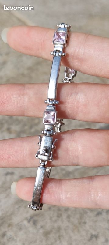 Bracelet en argent massif poinçonné 925 et zirconiums roses (image 6)