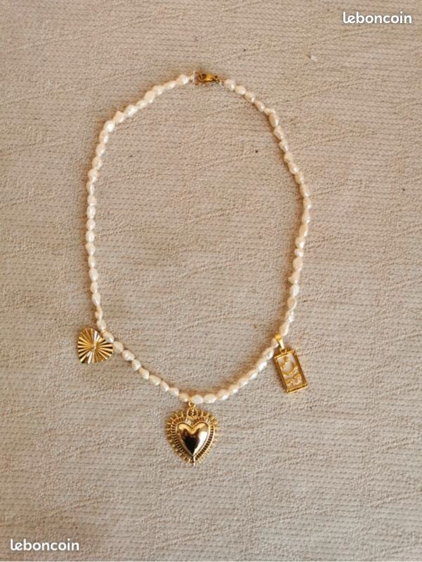 Collier perles de culture "grain de riz" neuf pampilles cœur carte tarot lune strass ex voto milagros acier doré creation (image 5)
