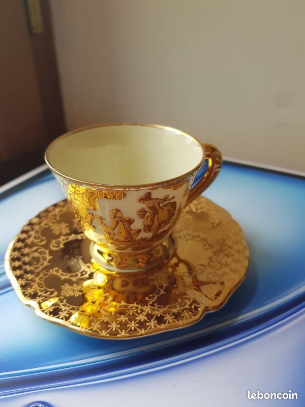 Lot 4 Tasses à Café/thé Porcelaine - Liseré Doré - 6 Cuillères - Décor Floral - Vintage