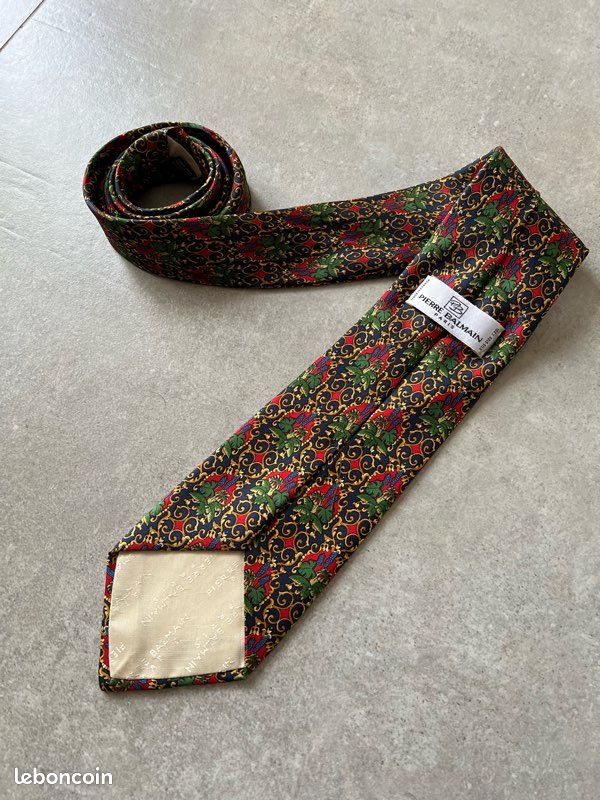 Cravate Pierre Balmain Homme - Soie Bleue, Imprimé Motif Animal (chien) - Occasion, Made In France