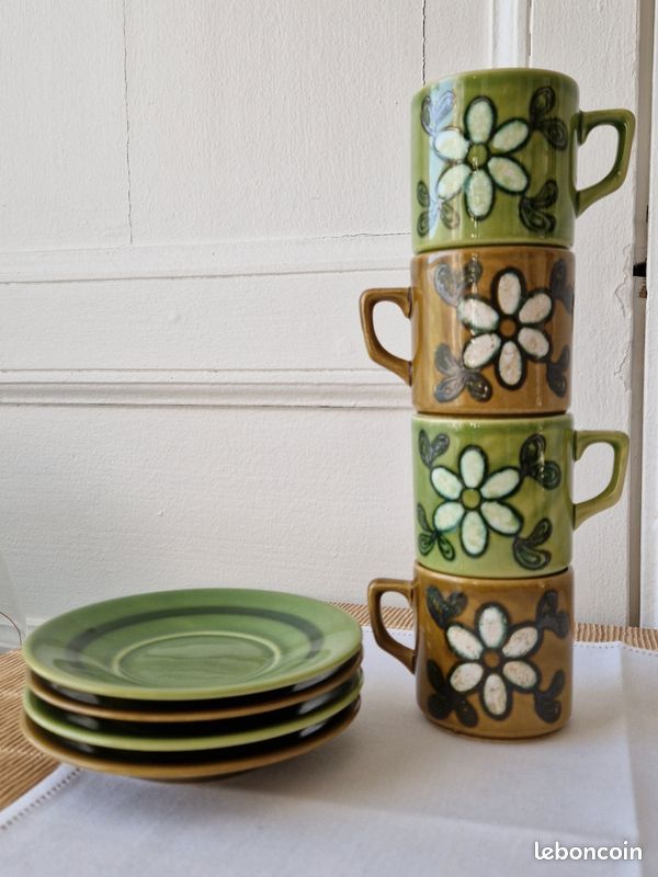 Lot de 6 tasses à café en grès bleu vintage