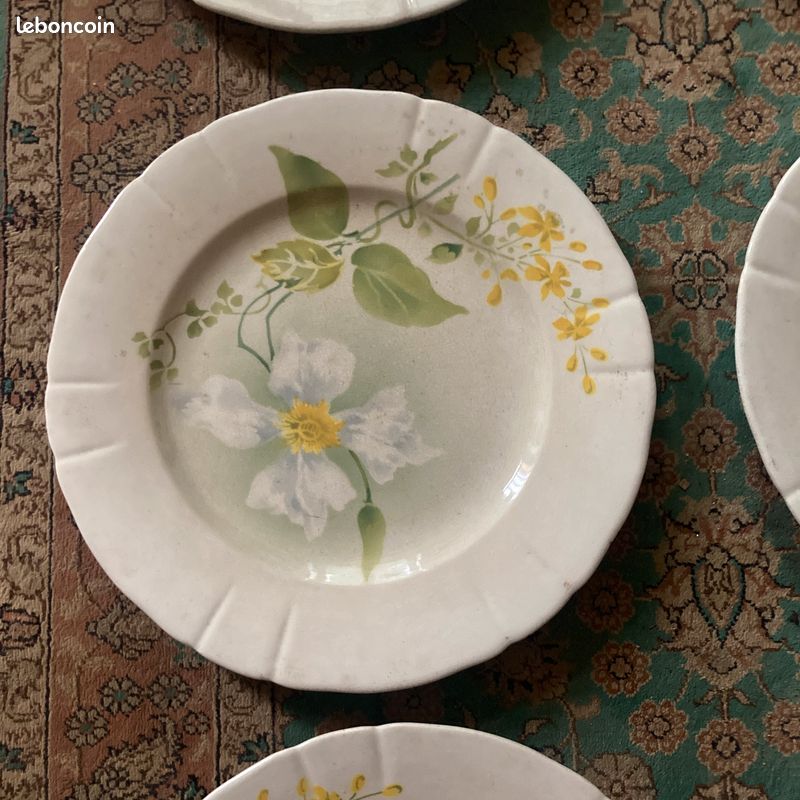 Lot grandes assiettes Luneville KG Art nouveau ancien fleur clématite jaune (image 9)