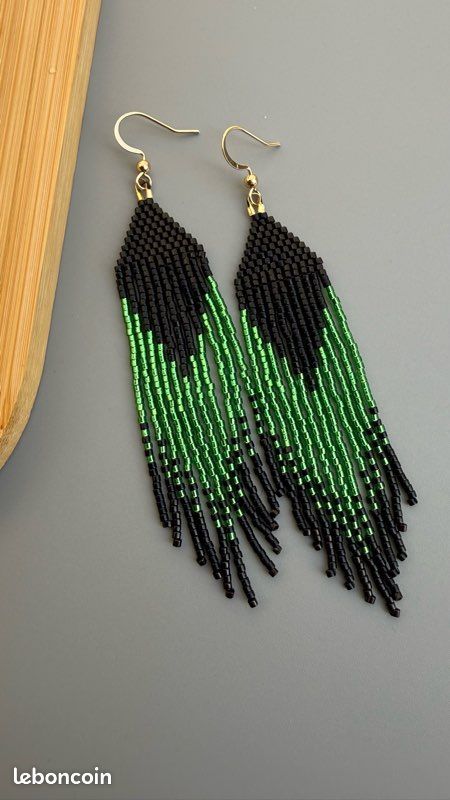 Boucles d'oreilles longues élégantes chic 10 cm - noir/vert Miyuki fait main (image 2)