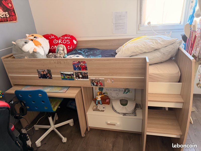 Lit enfant combiné mezzanine avec matelas et bureau (image 1)