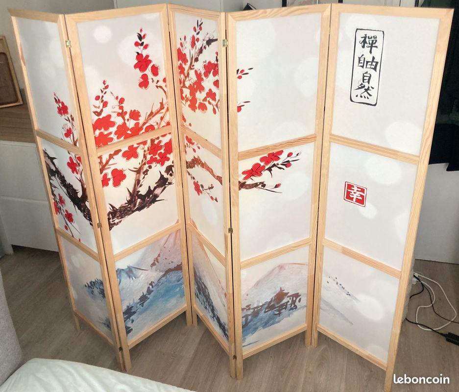 Paravent Intérieur Japonais 225x172 Cm Palmier Et Plantes Exotiques - 5 Panneaux Pliable