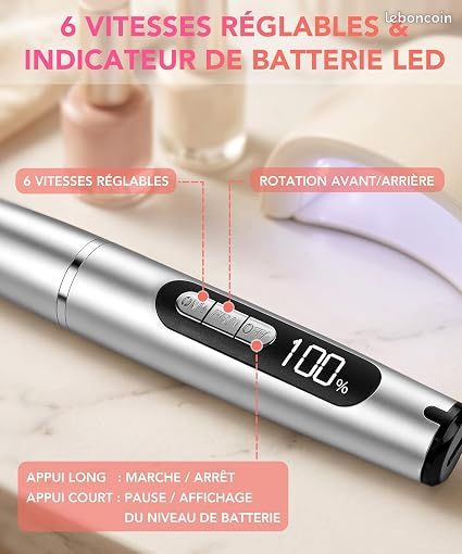 Ponceuse à Ongles Électrique Rechargeable USB-C 35000 RPM avec Écran LED Argentée (image 2)