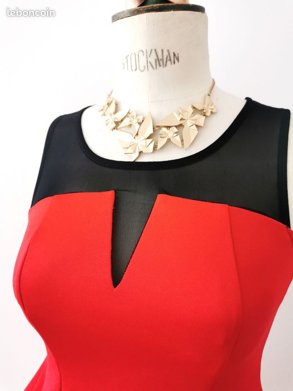 Top de soirée rouge noir en neoprene peplum (image 3)