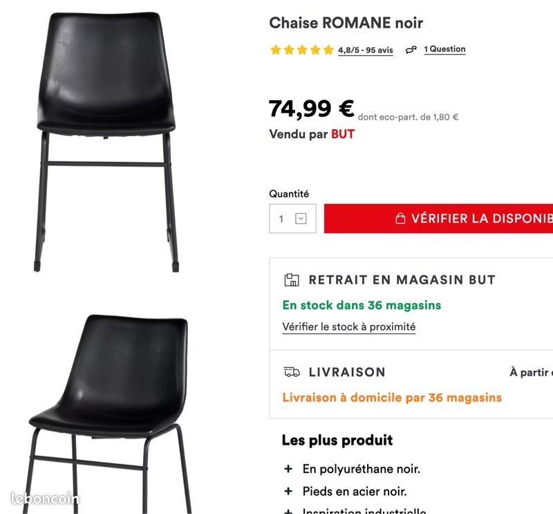 Chaises en simili cuir noir BUT ROMANE – lot de 2 (image 2)