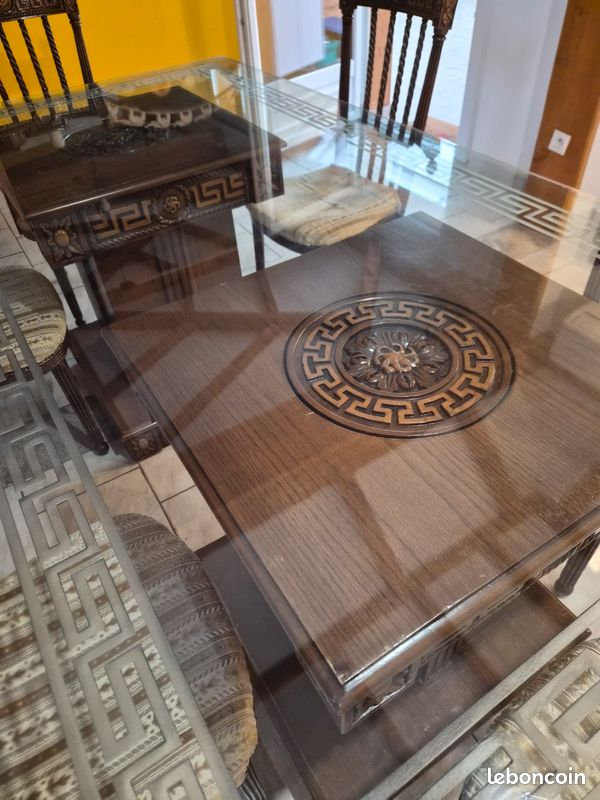 Table bois plateau verre gravé+6 chaises et 2 fauteuils (image 2)