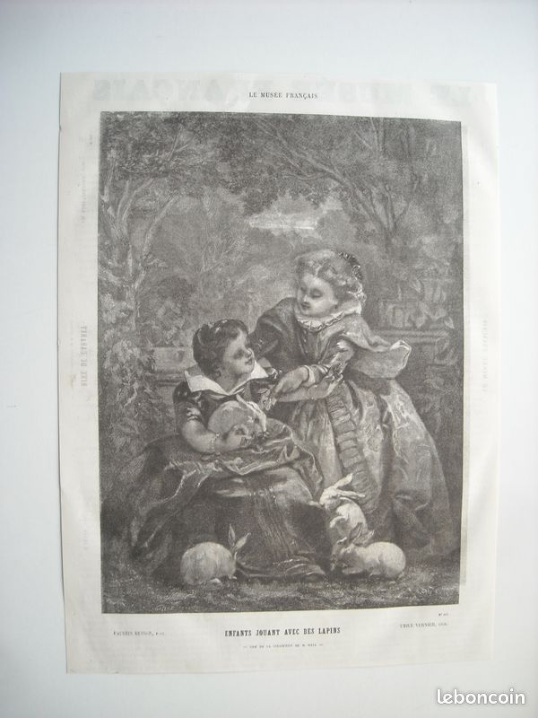 Litho 1860. Enfants jouant avec des lapins. D’apres le tableau de m. Faustin besson. Lithographie par emile vernier (image 1)
