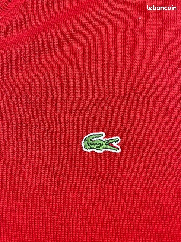 Pull Lacoste homme col V rouge taille XXL 100% coton logo croco petit crocodile vintage France #G27 (image 3)