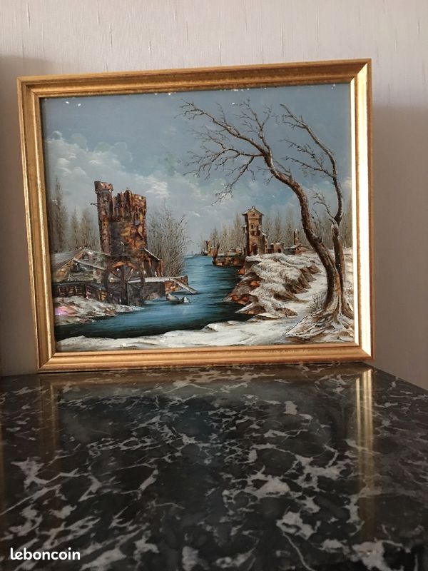 Peinture Fixé sur verre ancien "paysage d'hiver " 33 x 39 cm. 150 (image 1)