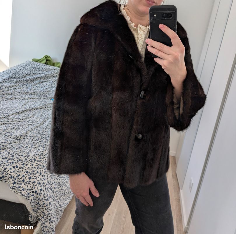 Veste 3/4 Femme En Fourrure Vison Marron - Vintage - Taille 38 - Capuche