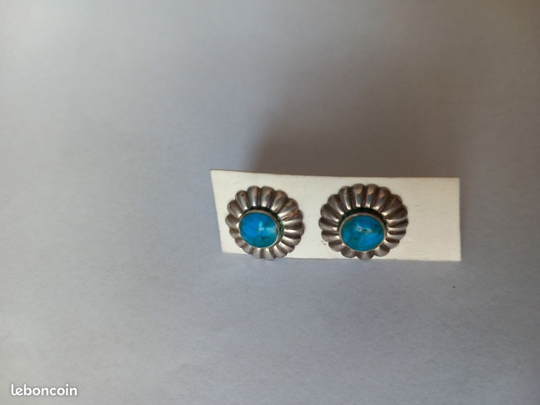 Boucles d'oreilles pendantes vintage en argent sterling 925 pour femme, pierre turquoise, marquée 10,5 g - France