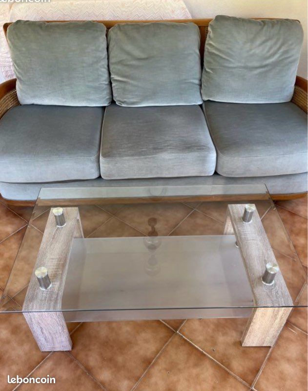 Canapé vintage Roche Bobois 3 places bois cannage velours vert amande (image 2)