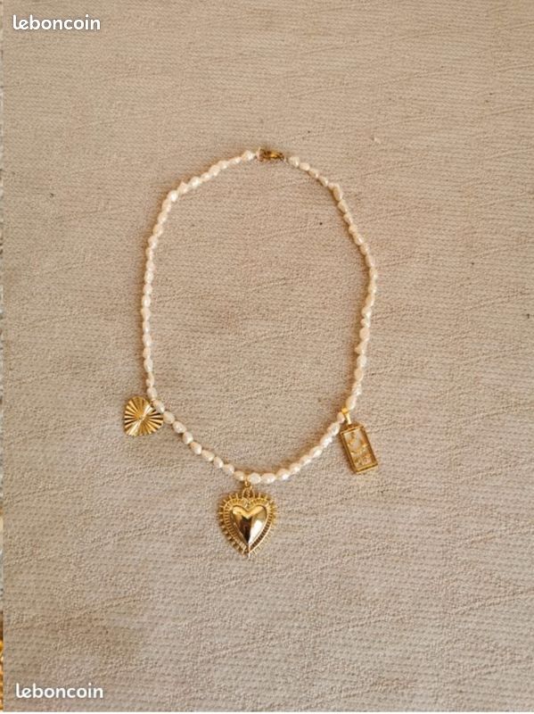 Collier perles de culture "grain de riz" neuf pampilles cœur carte tarot lune strass ex voto milagros acier doré creation (image 3)
