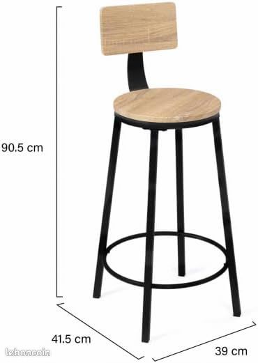 Lot de 4 Tabourets de Bar avec Dossier Design Industriel Bois et Noir (image 2)