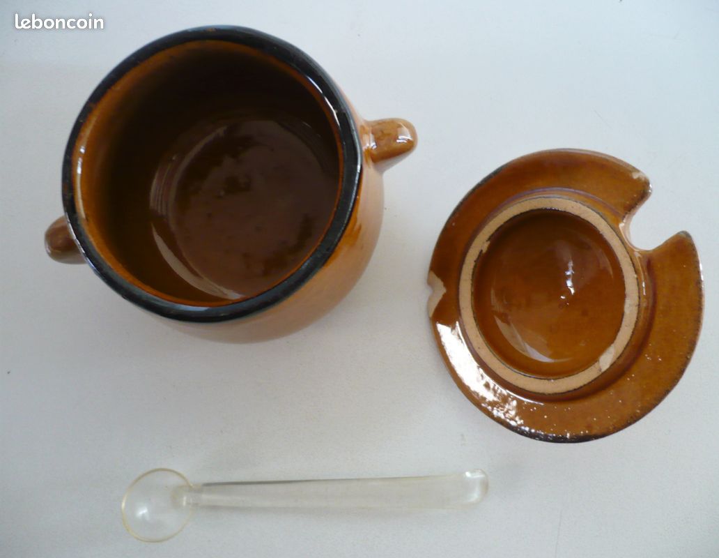 Moutardier et pot à crème anciens terre cuite vernissée (image 5)