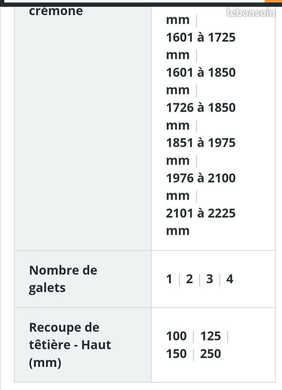 Crémone Verrou F7.5 Ajustable L 1725mm Cote D 600mm 3 Galets Ferco G 13237 17 0 1 3598643820743