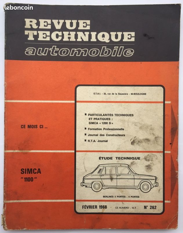 RTA revue technique automobile Simca 1100 N°262 1968 (image 1)
