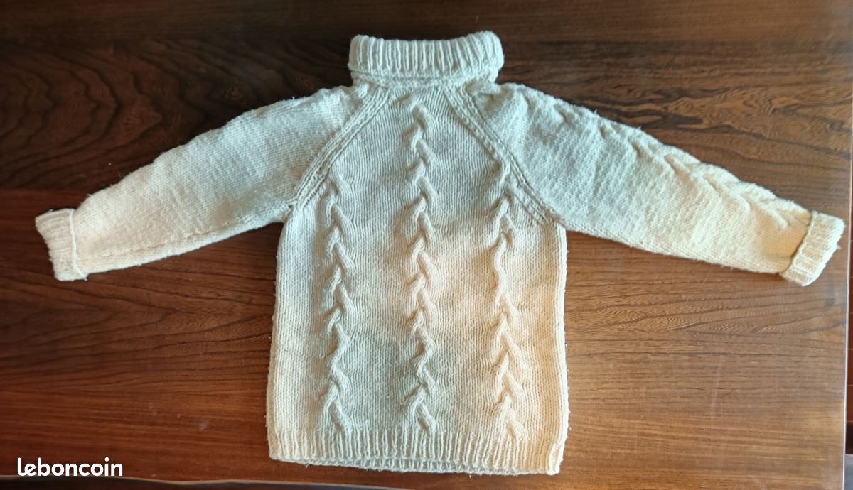 Pull Tricoté Main Bouton D'Or 100% Laine Mérinos - Taille 36, Vert, Comme Neuf