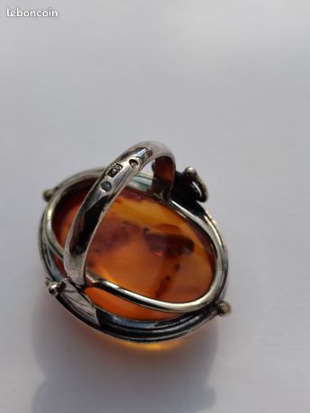 Bague En Argent Massif Avec Cabochon D'ambre - Taille 55 - Occasion