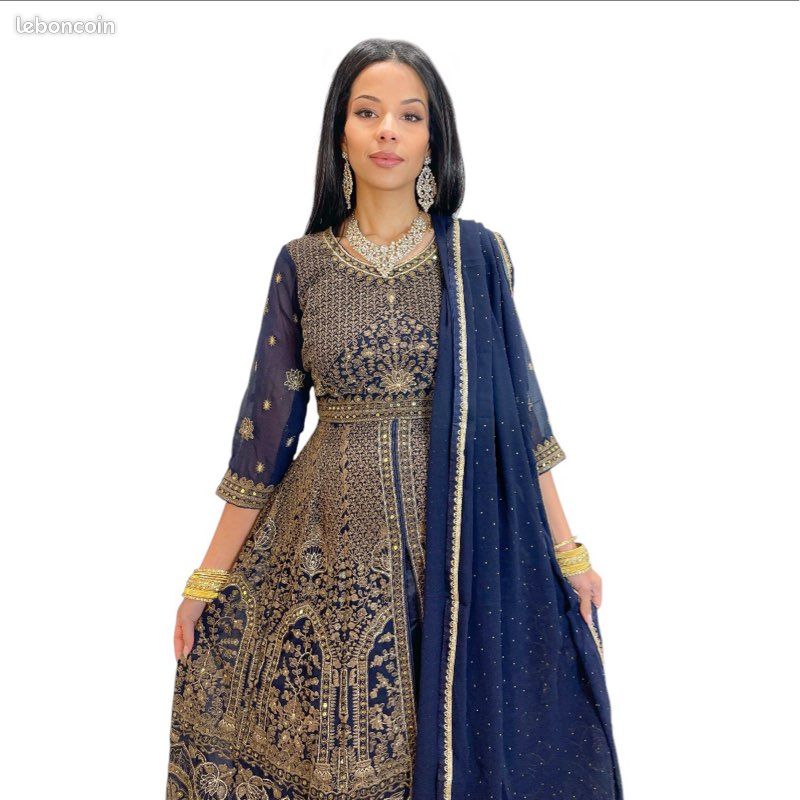 Ladyline Salwar Kameez Prêt-à-Porter – Élégant Ensemble Indien En Crêpe Français Imprimé + Dupatta Mousseline De Soie