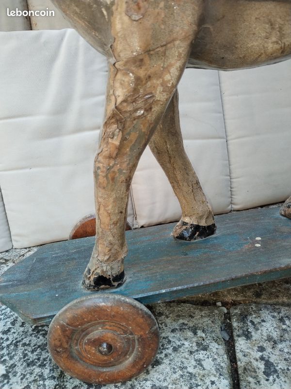 Cheval carton bouilli peint harnachement cuir jouet ancien fin 19ème 38