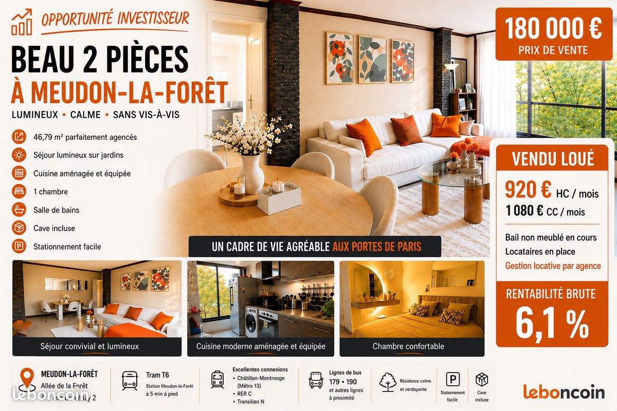 Appartement 2 pièces 47 m² · à Meudon · 46,8 m² · 180 000 €