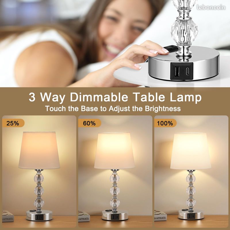 Kakanuo Lampe de Chevet Tactile avec Ports USB-A+C+Prise CA, 3 Intensité Variable, Lampe en Cristal Lot de 2, Abat-jour Blanc, Lampes de Table pour Chambre Salon D'enfant Bureau (Ampoules Incluse) [Cl (image 3)