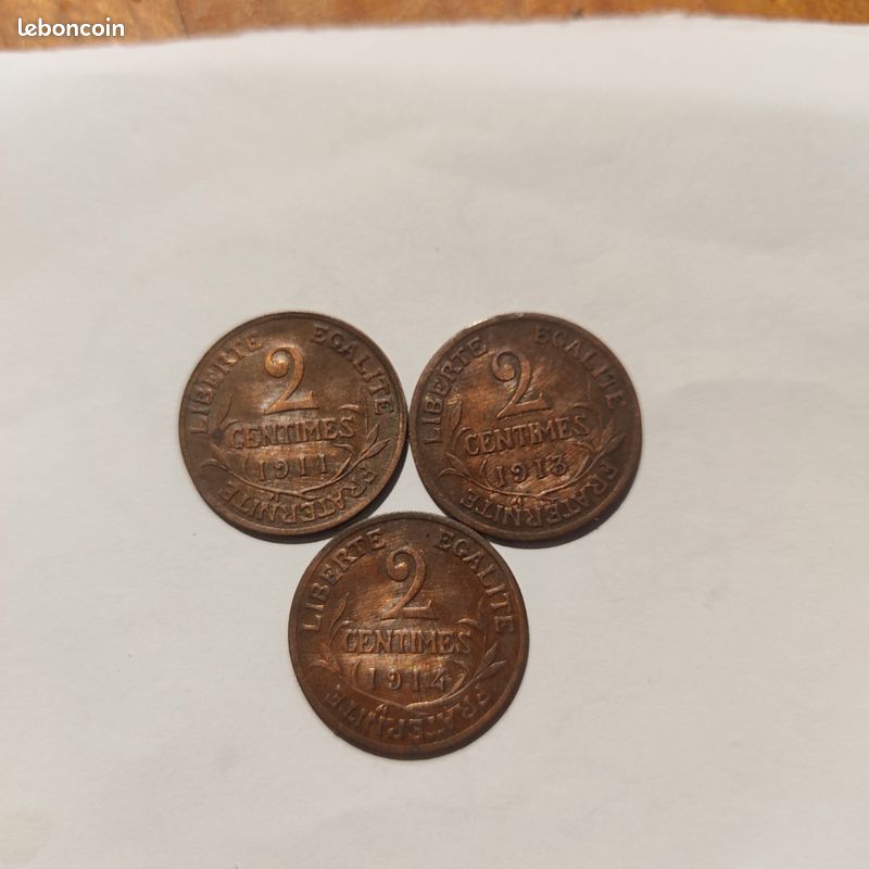 Lot pièces de monnaies 2 centimes 1911 , 1913 et 1914 Dupuis WW1 (image 1)