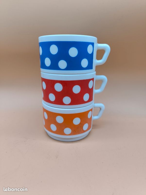 Lot De 3 Grandes Tasses Arcopal Vintage - Couleurs Vives (rouge, Orange, Vert, Bleu) - Occasion