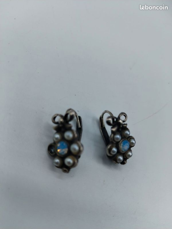 #XV10-Boucles d’oreilles vintage perles nacrées strass opaline métal argenté (image 2)