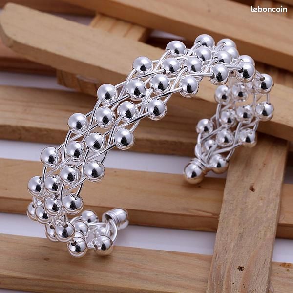 Bracelet manchette plaqué argent 925 motif tréssé vintage ajustable + POCHETTE (image 1)